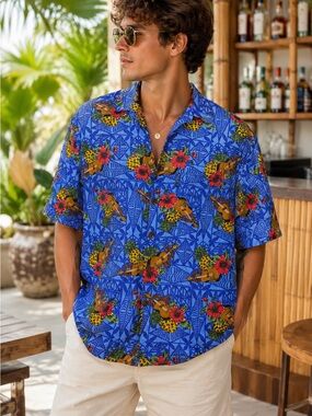 Mango Moon Hawaiian Rayon Shirt XL Tropical Ukulele Pineapple Aloha